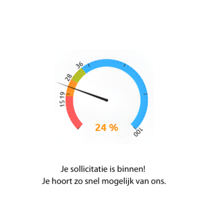 Bodemvochtmeter met rood, oranje, groen en blauw en de tekst je sollicitatie is binnen. Je hoort zo snel mogelijk van ons.